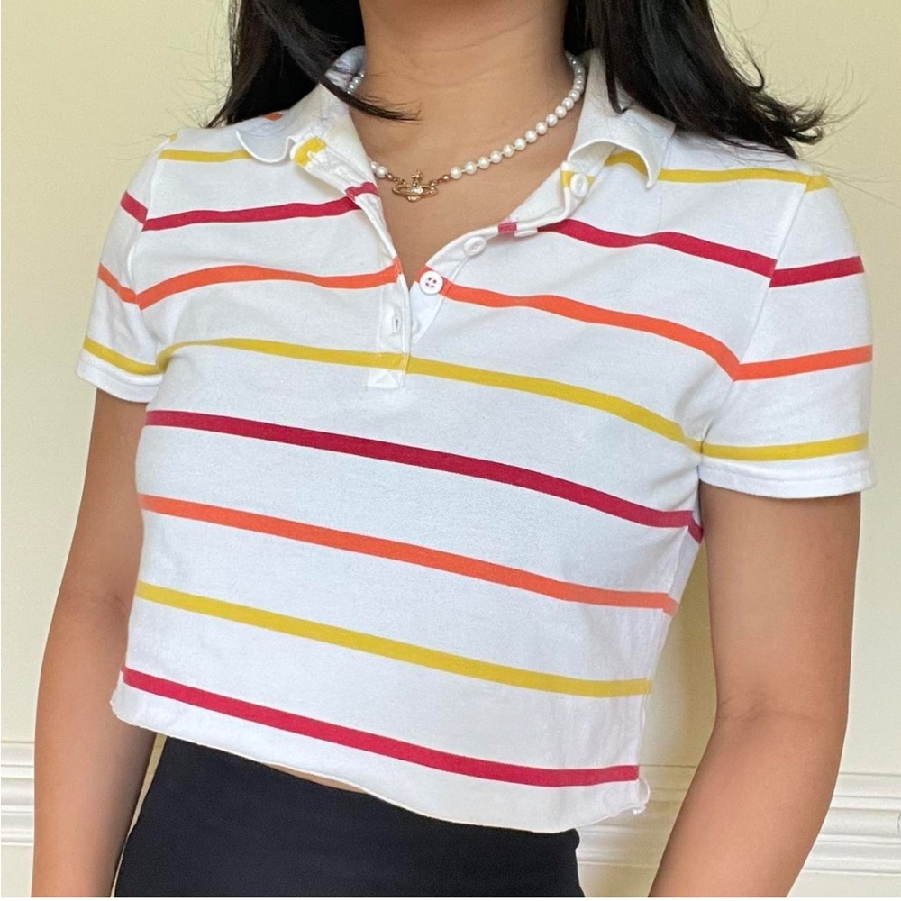Basic Editions Women's White and Color Striped Collar shirt